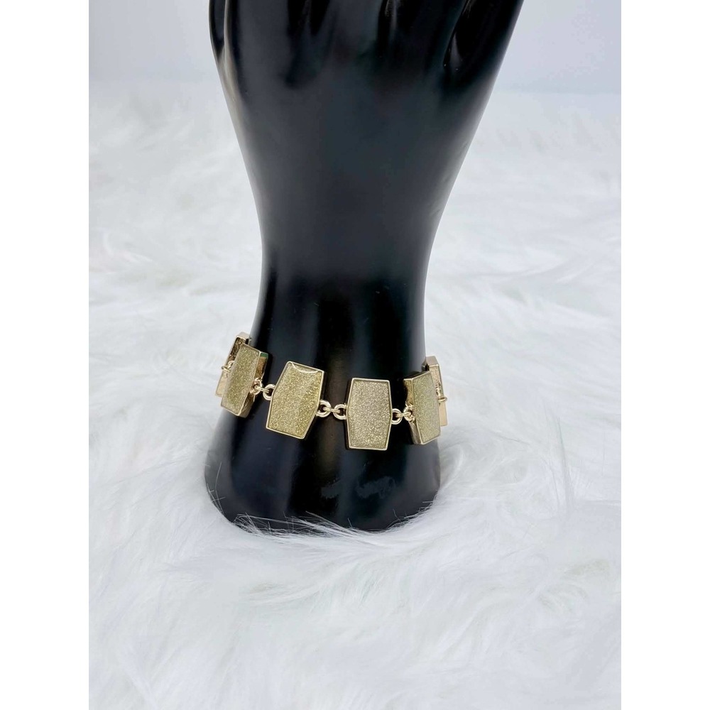 Gold Tone Textured Glitter Rectangular Link Bracelet Geometric Art Deco Style